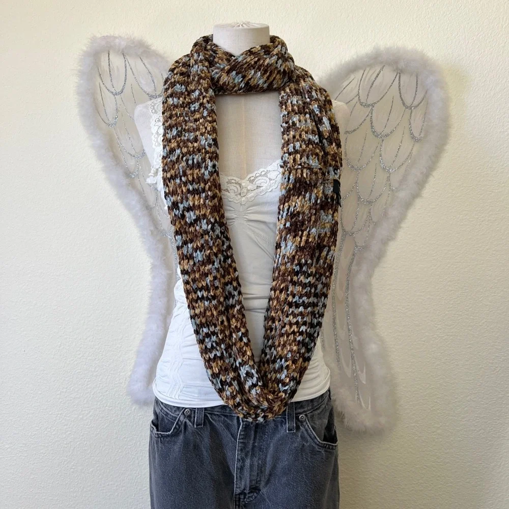 Cozy Chenille Infinity Scarf Brown Tan Blue Speckled‎ Plush Warm Winter Chunky